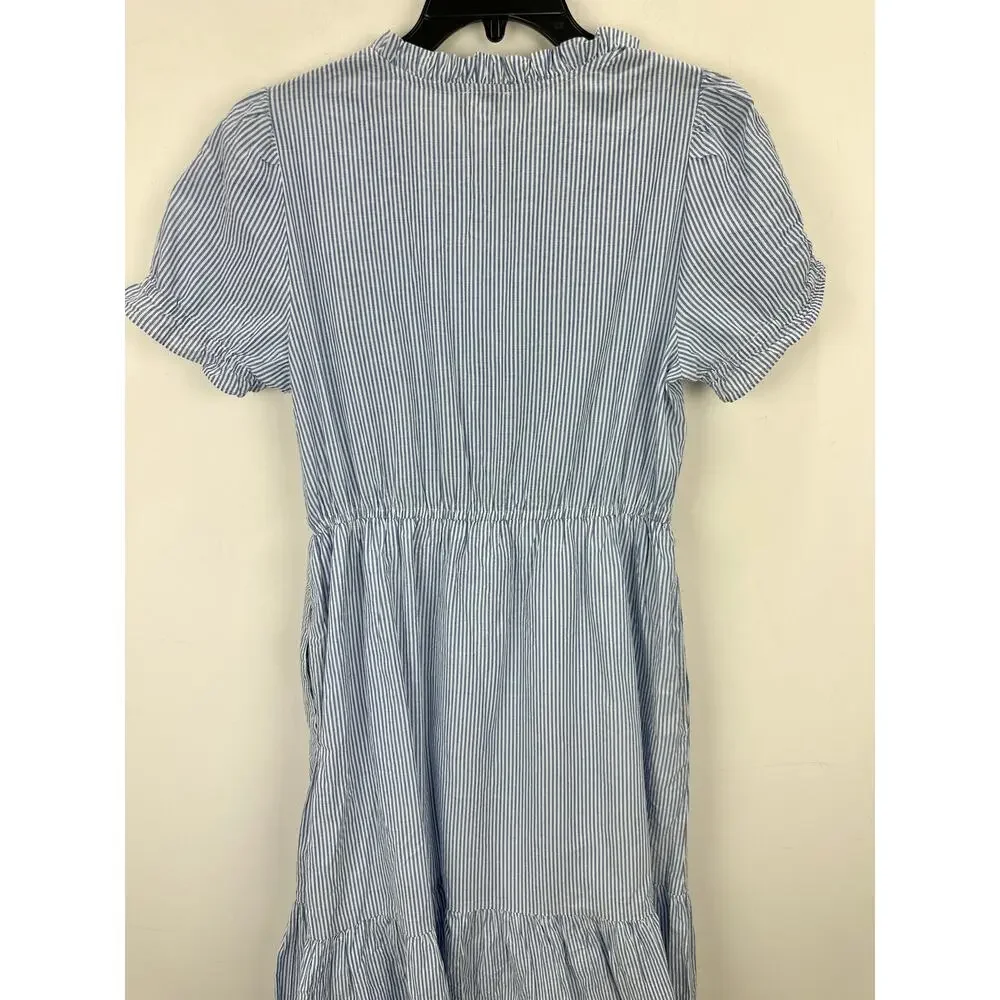 J.Crew Striped Ruffleneck Puff Sleeve Midi Dress Cotton White Blue US 8 NWT